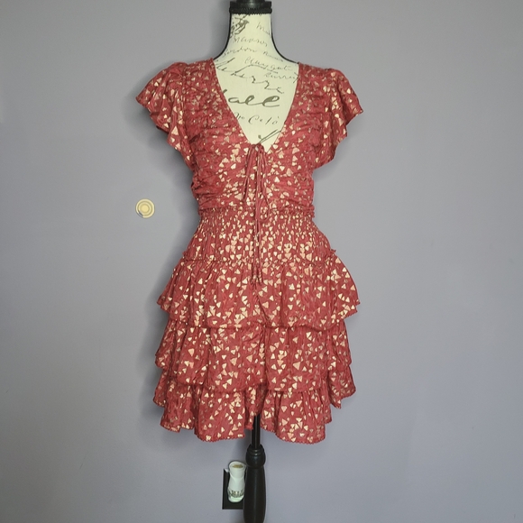 Anthropologie Red And Gold Mini Ruffle Dress - Picture 3 of 15
